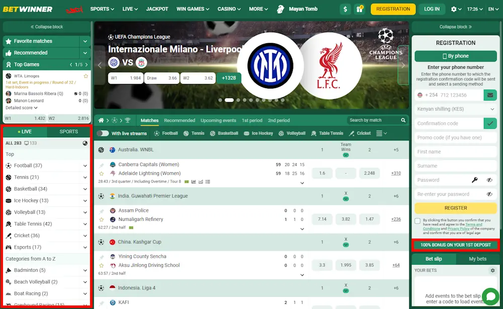 Betwinner Sportsbook Homepage Screenshot
